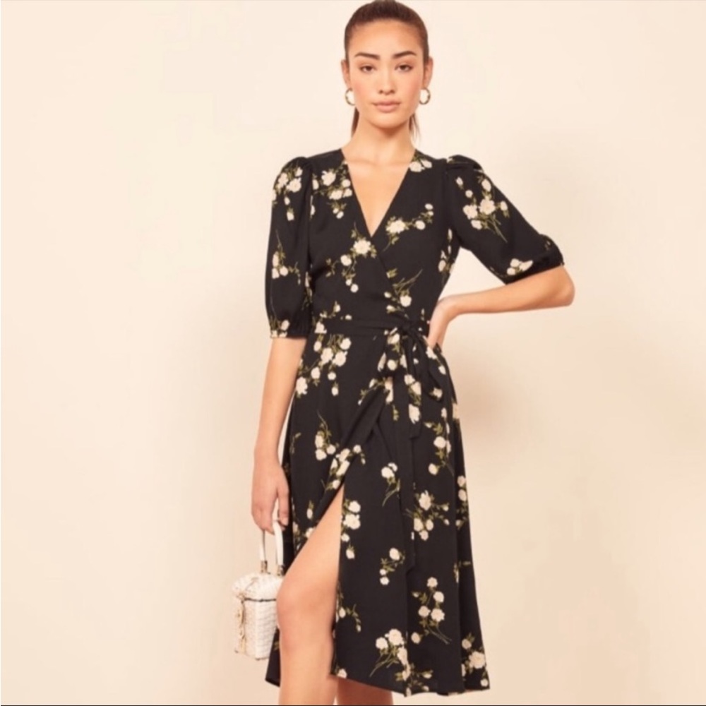 **NEW Reformation Christa Midi Wrap Dress | Black Floral Contessa | Size XS